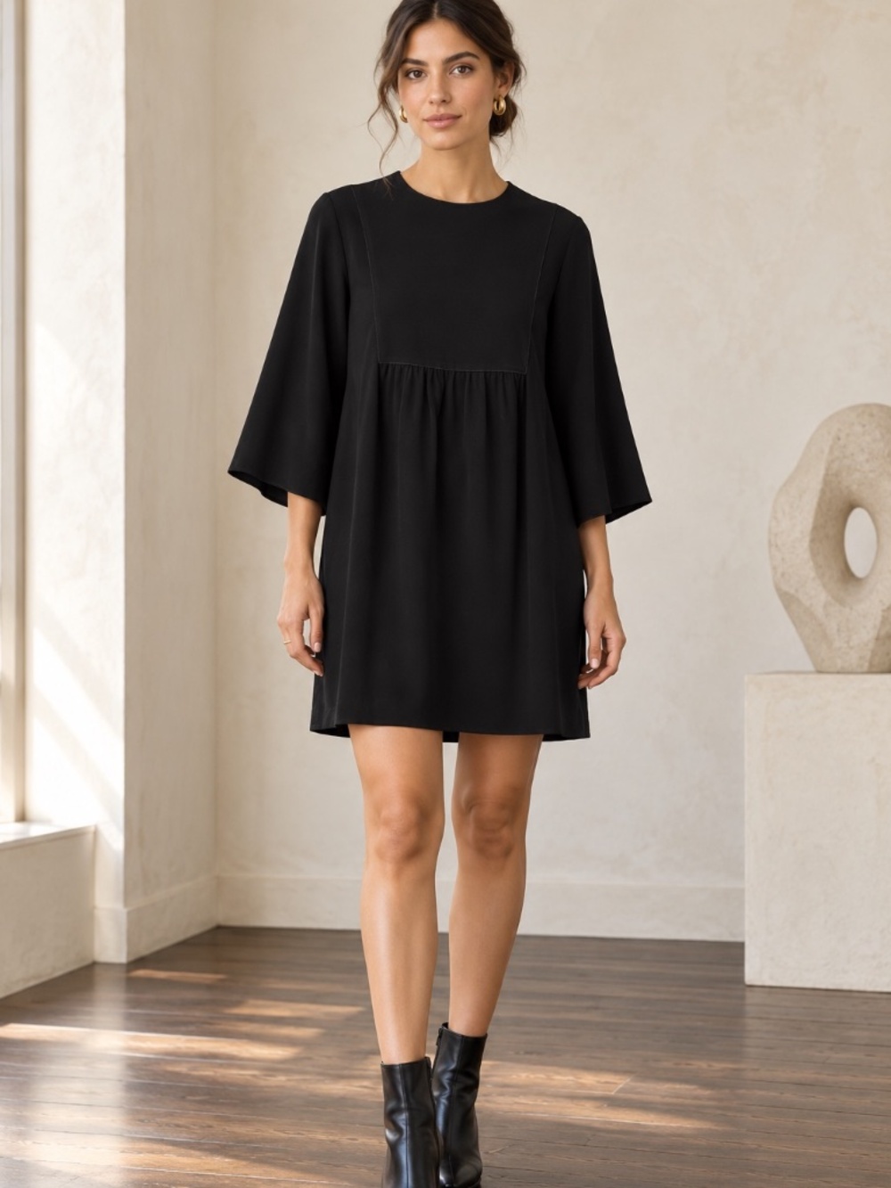 Black Babydoll Mini Dress 3/4 Bell Sleeve FR 38 Isabel Marant
